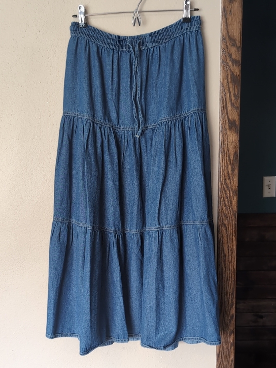 Deja Blue Dresses & Skirts - Casual Blue Denim Tiered Maxi Skirt with Elastic Drawstring Waist